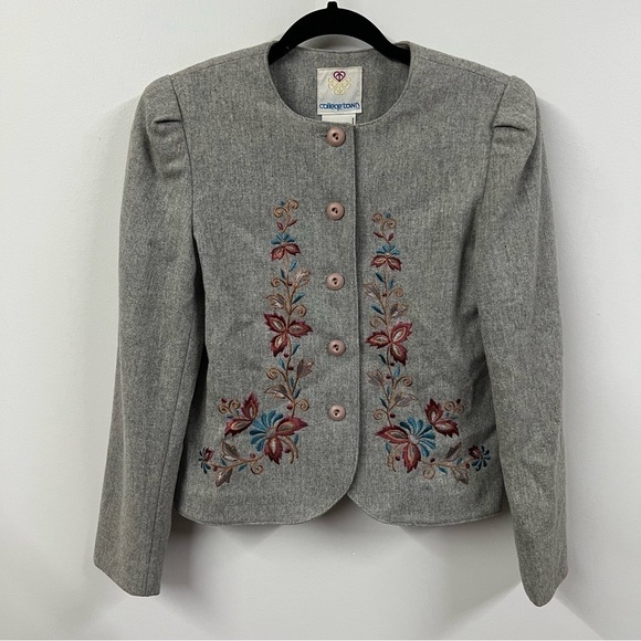 Vintage Floral Embroidered Wool Blazer Jacket - Picture 1 of 11